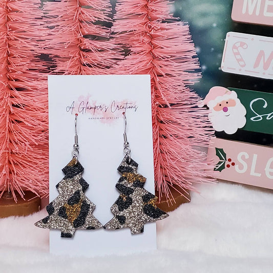 Leopard Glitter Christmas Tree Leather Earrings