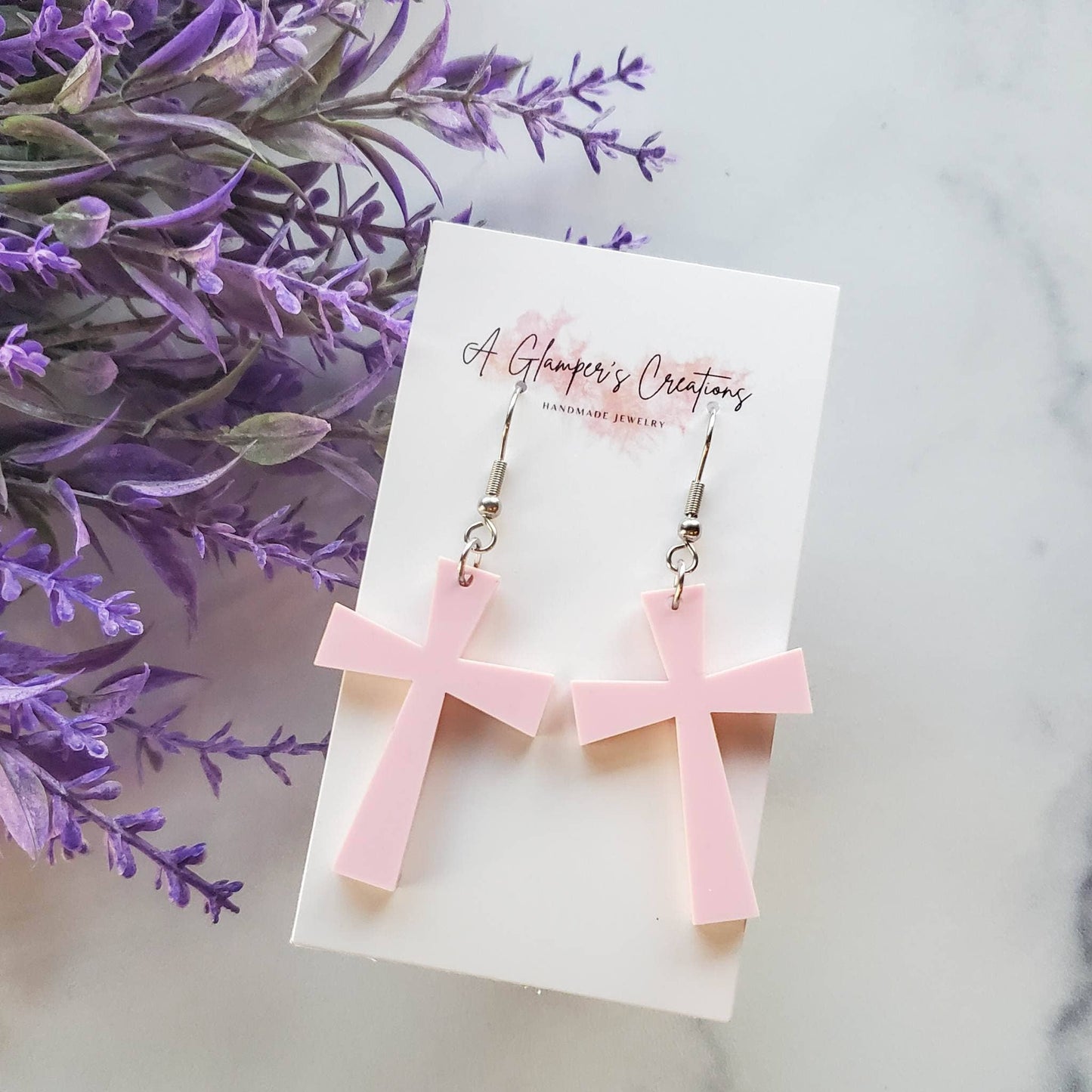 Pastel / Light Pink Acrylic Cross Earrings