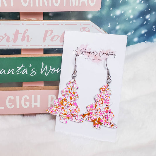 Pink Glitter Mix Christmas 2024 Tree Leather Earrings