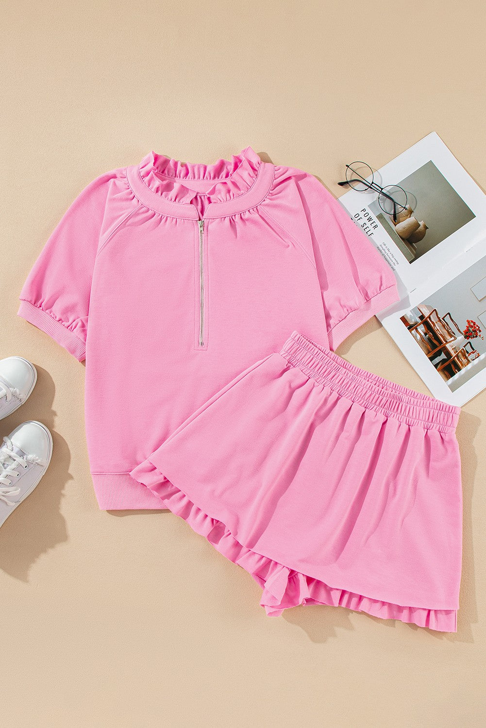 Half Zip Puff Sleeve Top And Ruffled Shorts Set