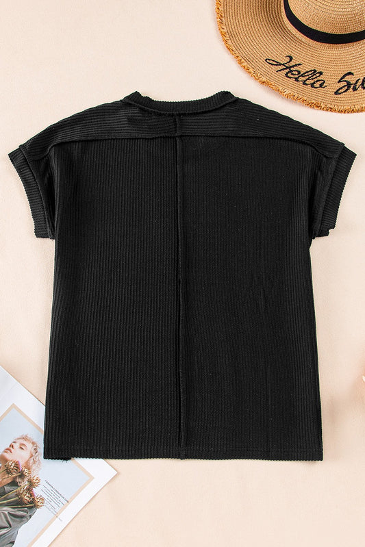 Crinkle Ribbed Knit Round Neck Shirt