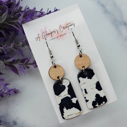 Black & White Cow Print Dangle Wood & Leather Earrings