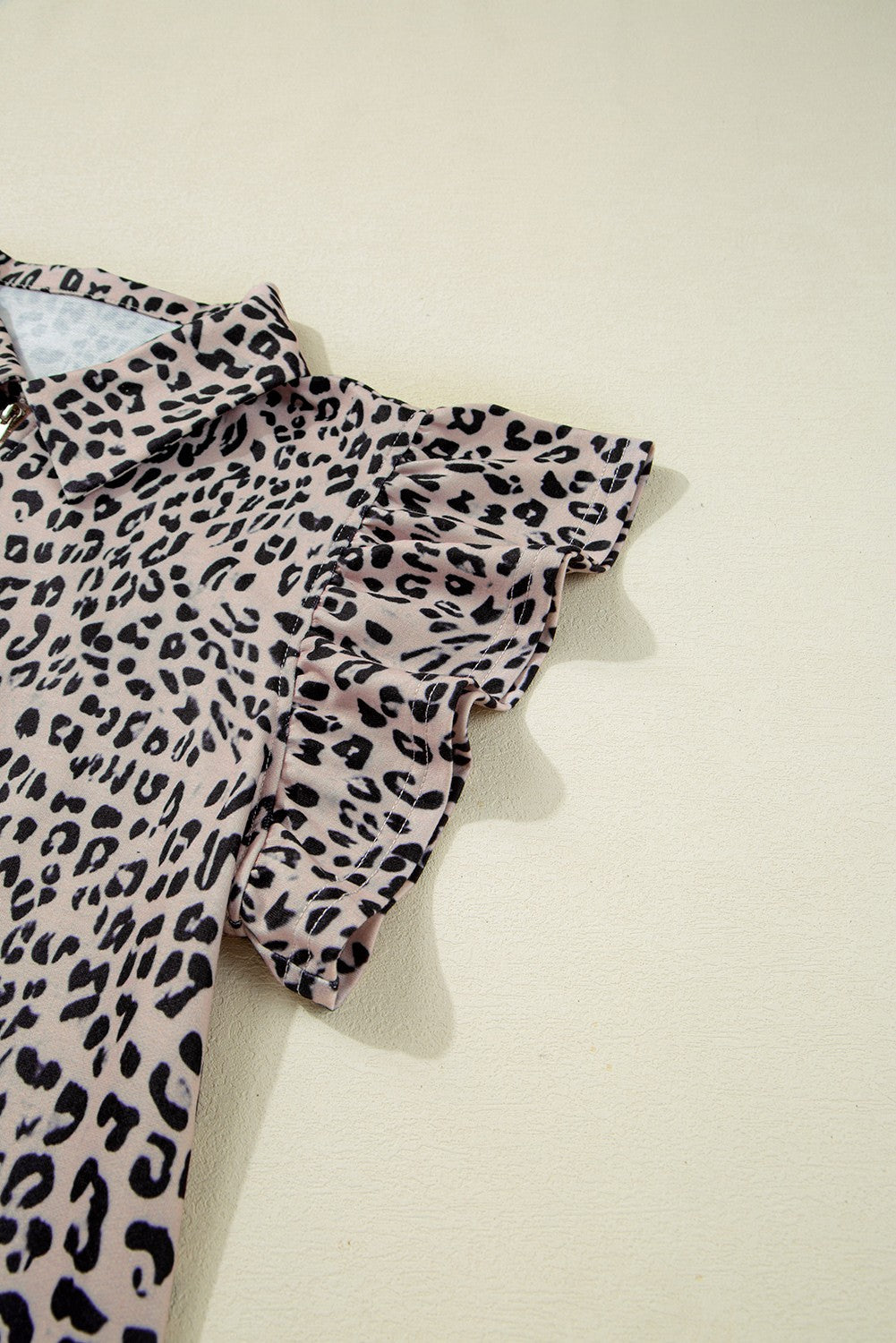 Leopard Zipper Collared Ruffled Top And Short Set