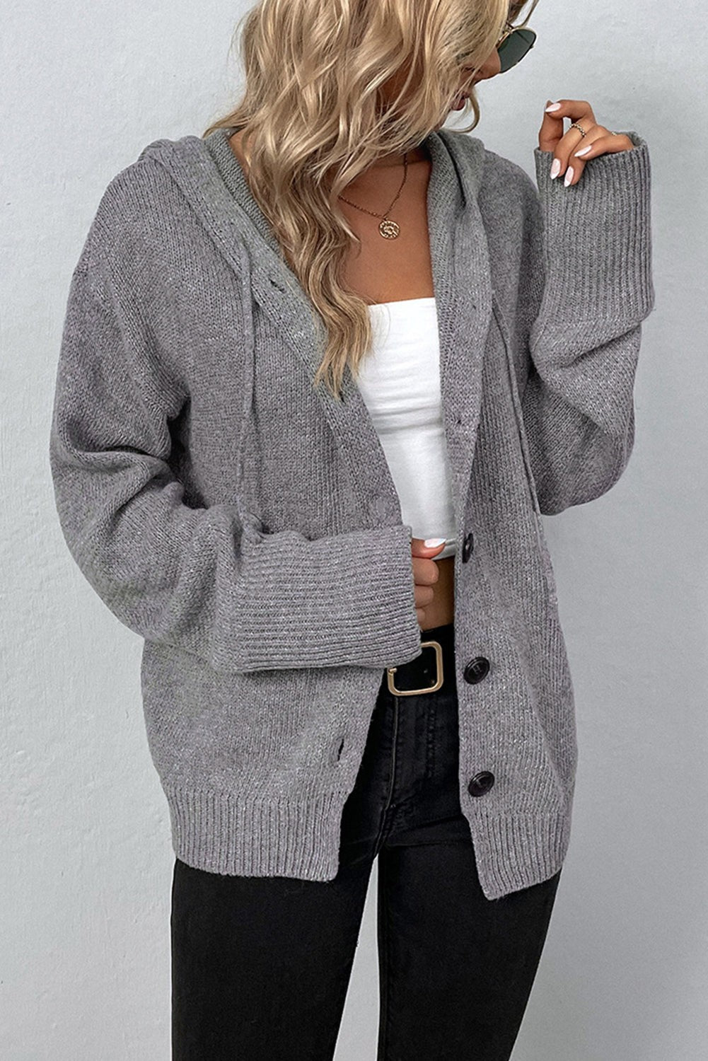 Drawstring Hooded Buttoned Sweater Cardigan