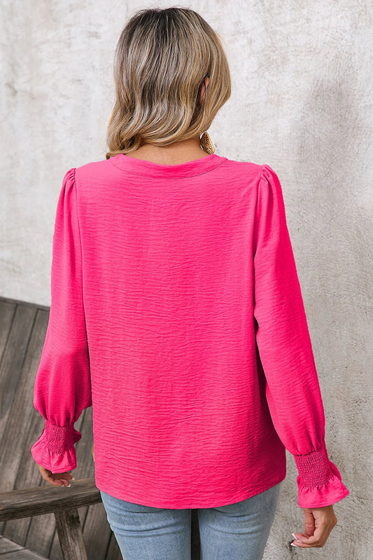 Solid Shirred Long Sleeve Blouse