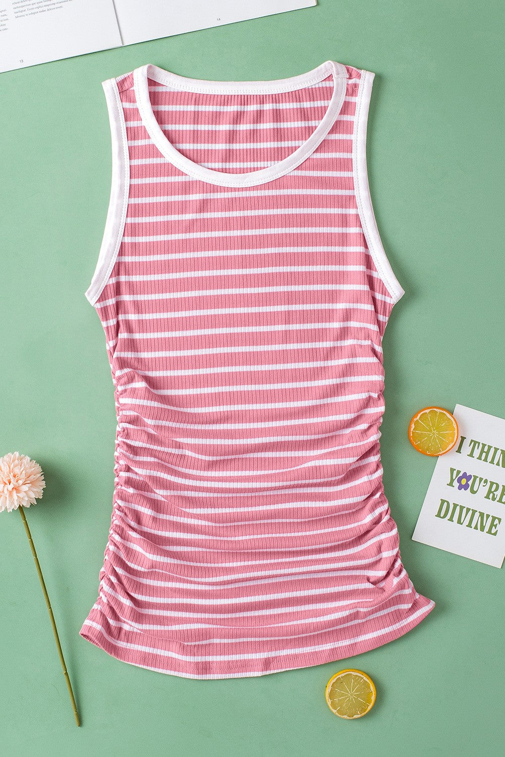 Stripe Contrast Trim Sleeveless Ribbed Slim Top