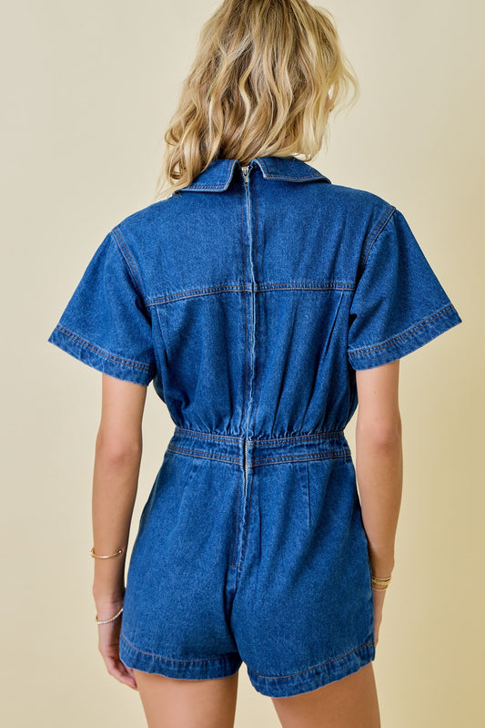 "Caroline" Denim Romper W/ Flap Pockets