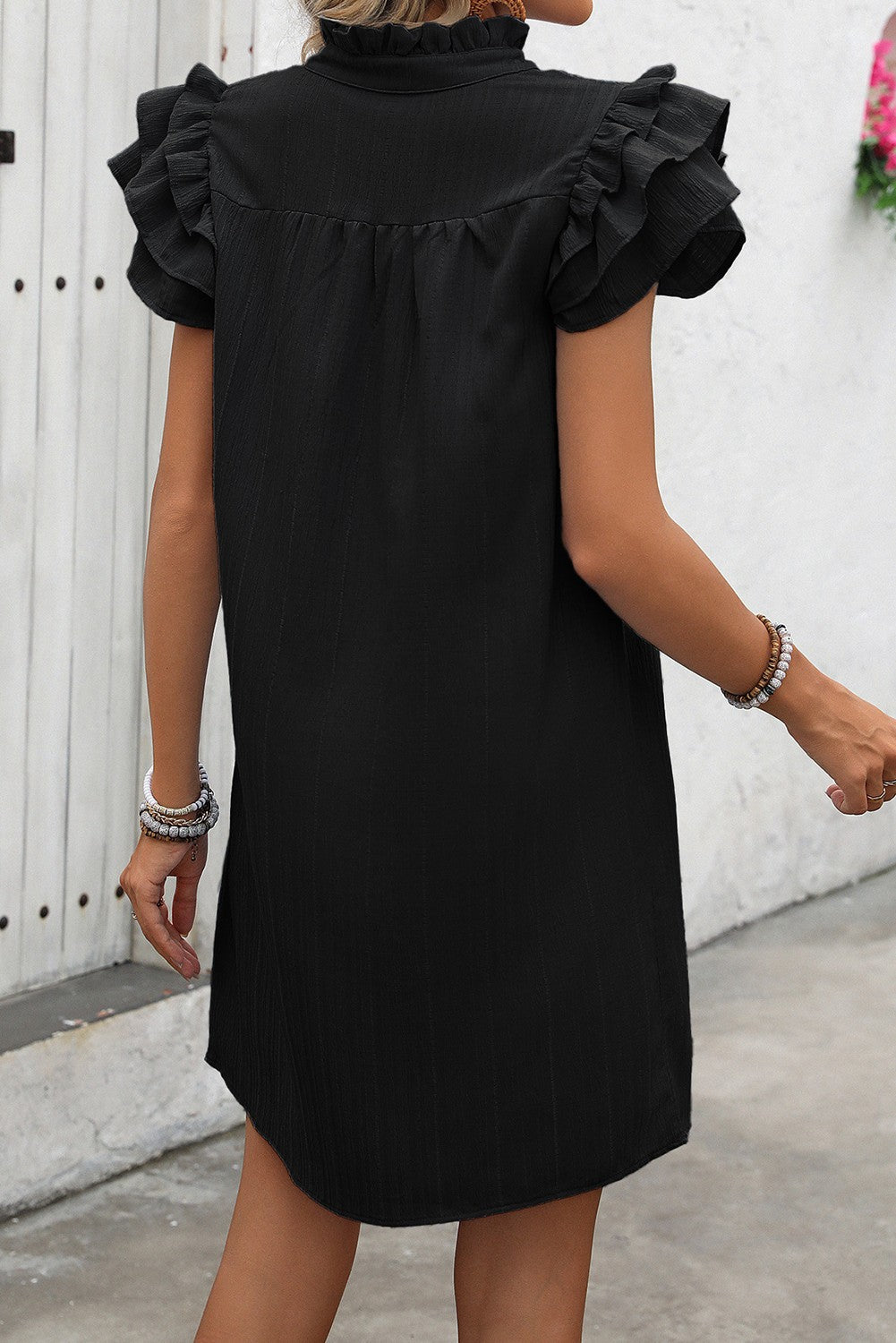 V Neck Ruffle Sleeve Shift Mini Dress