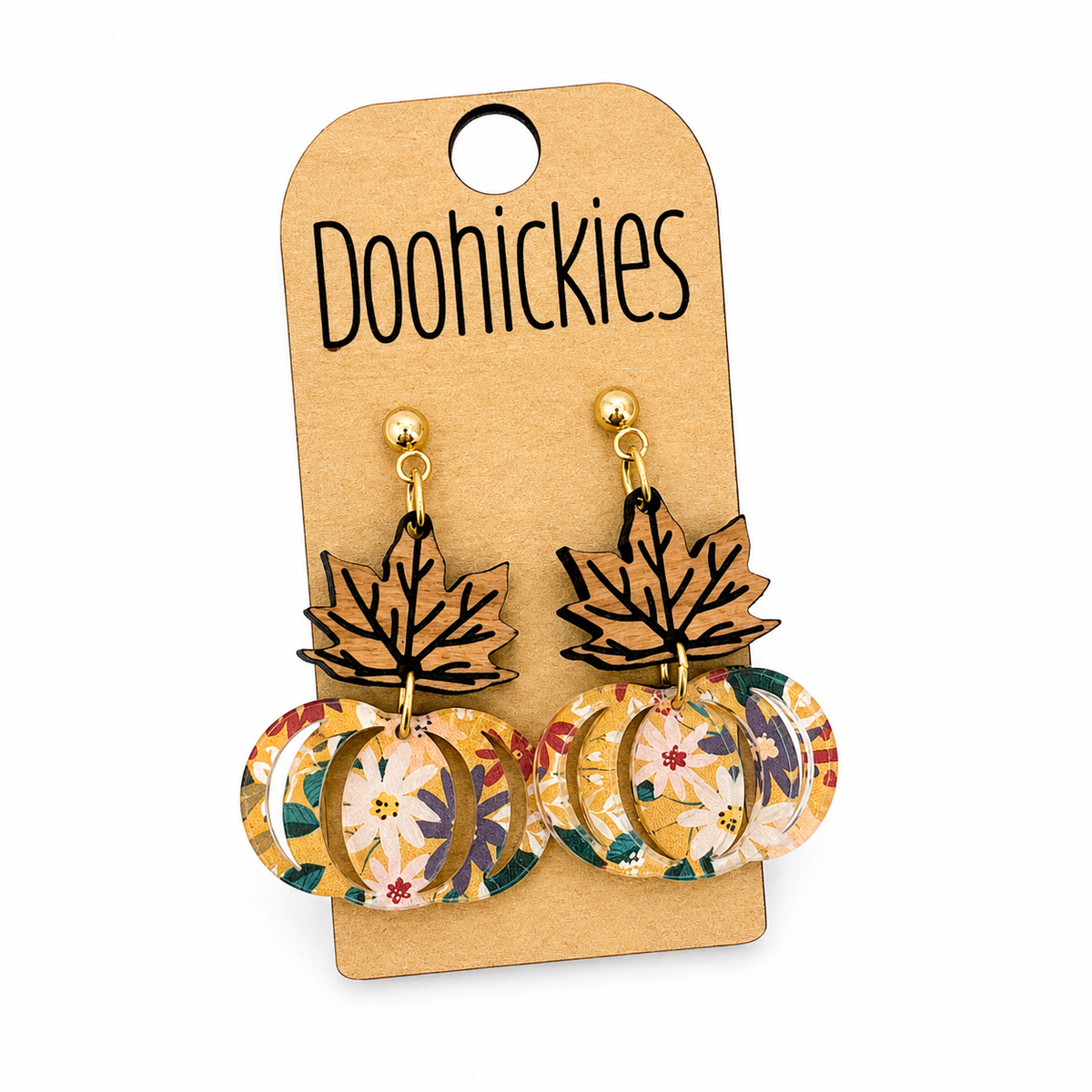 Doohickies - Autumn Blooms Floral Pumpkin Earrings | Acrylic & Wood Fall Earrings