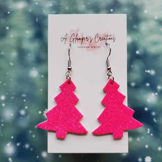 Hot Pink Christmas Tree Leather Earrings