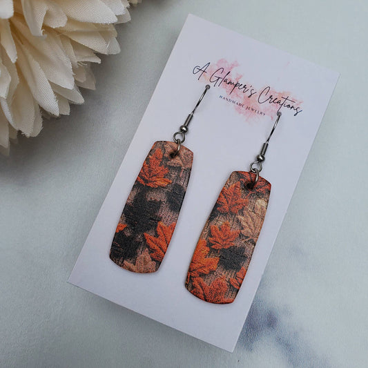Fall Embroidered Leaves Mini Bar Leather Earrings