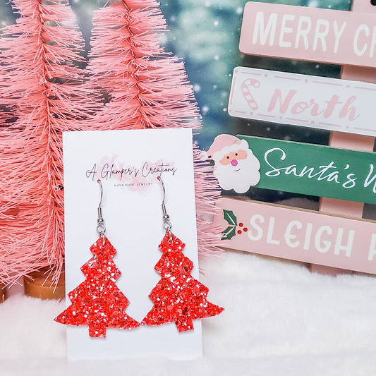 Bright Red & Silver Glitter Christmas Tree Leather Earrings