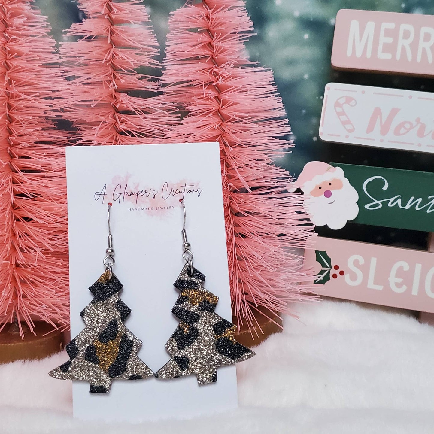 Leopard Glitter Christmas Tree Leather Earrings