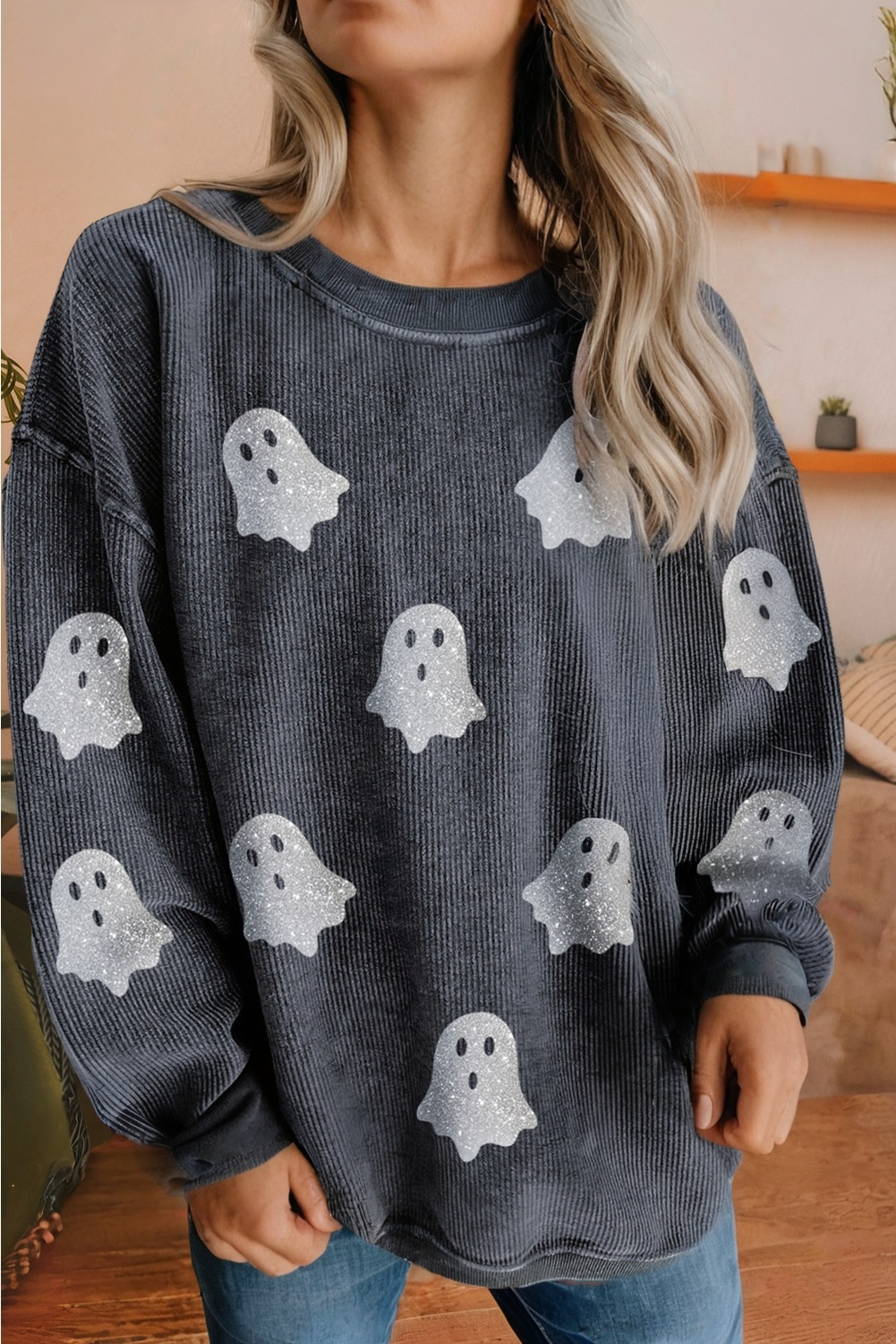 LDC Halloween Ghost Corded Crew Neck Loose Sweatshirt
