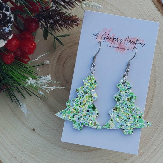 Green Glitter Mix Christmas Tree Leather Earrings