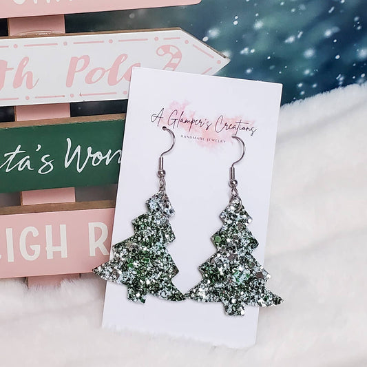 Winter Green Glitter Christmas Tree Leather Earrings