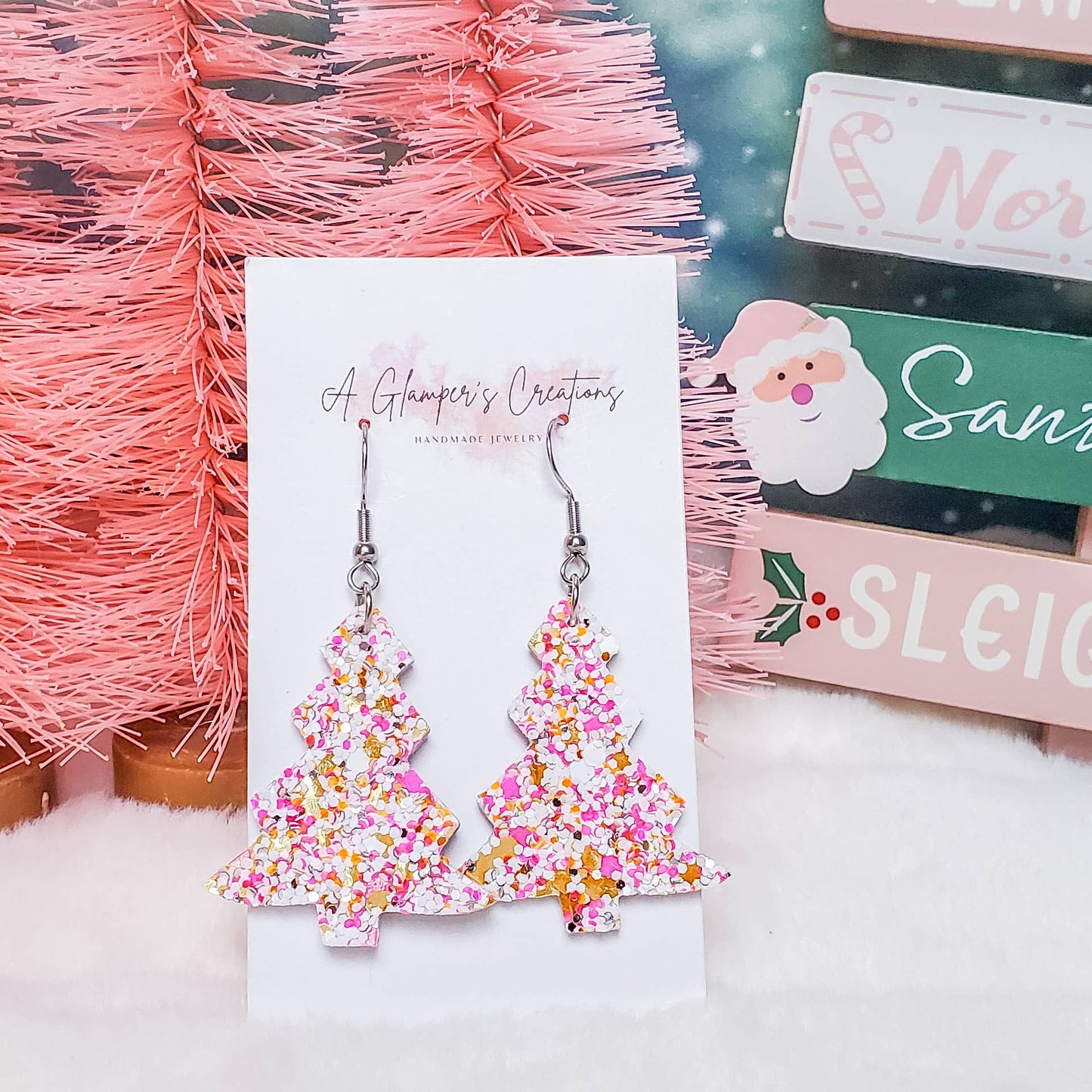 Pink Glitter Mix Christmas 2024 Tree Leather Earrings