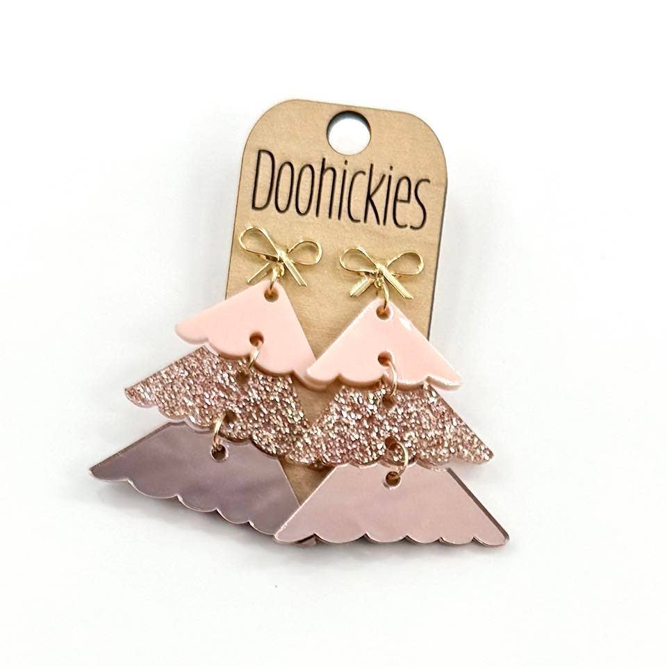 Doohickies - Rose Gold Layered Christmas Tree w/ Gold Bow Earrings - Christmas Acrylic Earrings