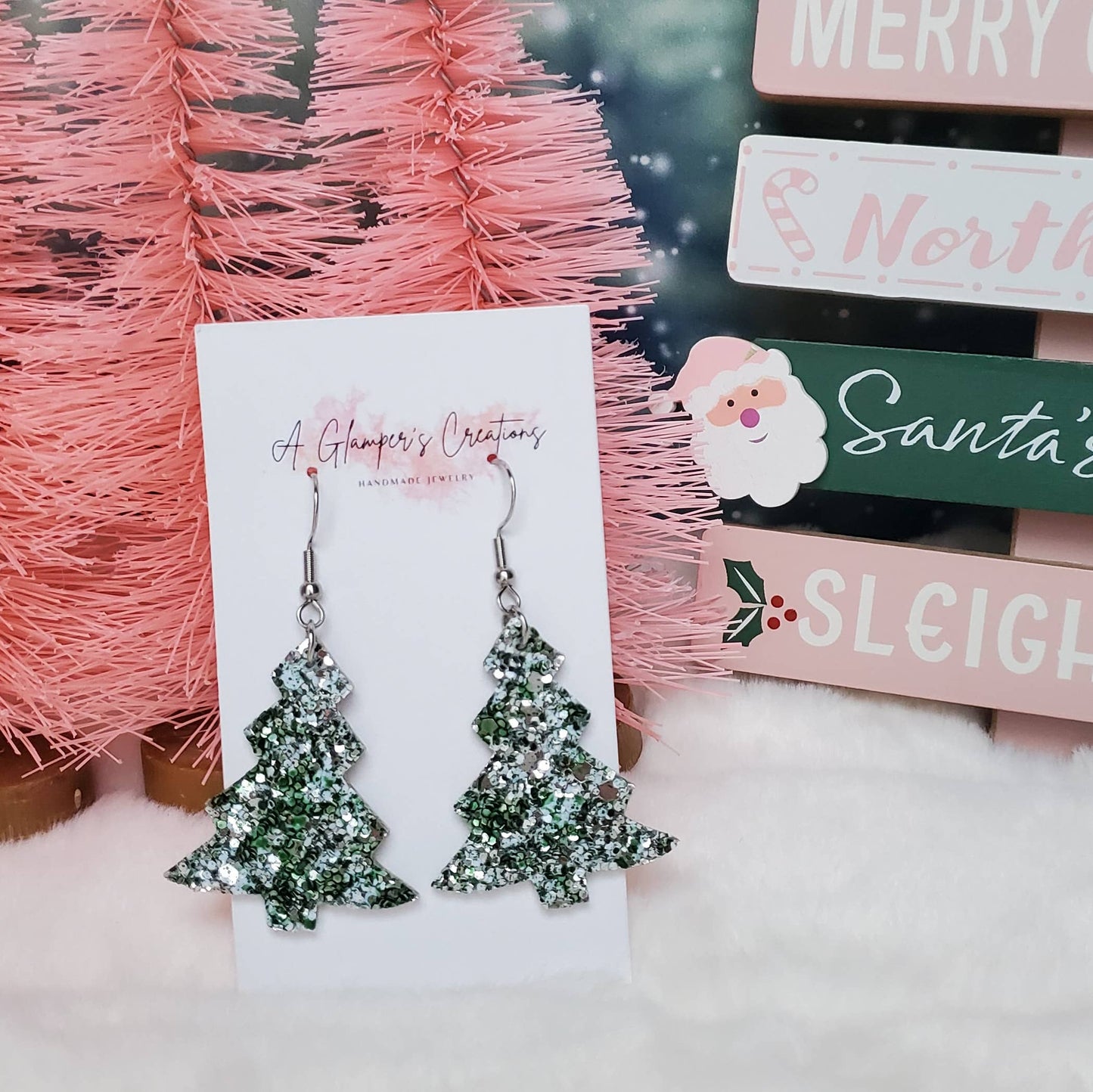 Winter Green Glitter Christmas Tree Leather Earrings