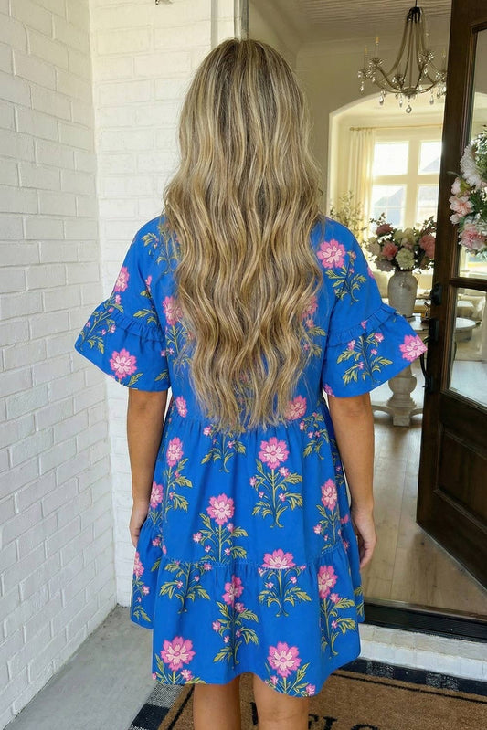 LAS V Neck Short Sleeve Loose Flower Dress (S-XL)