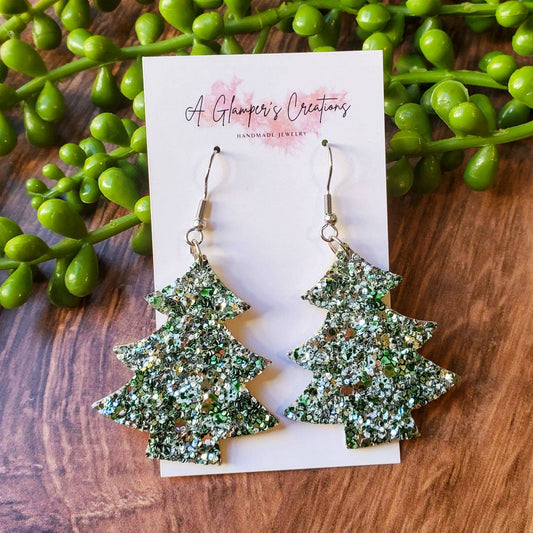 Dark Green Glitter Mix Christmas Tree Leather Earrings