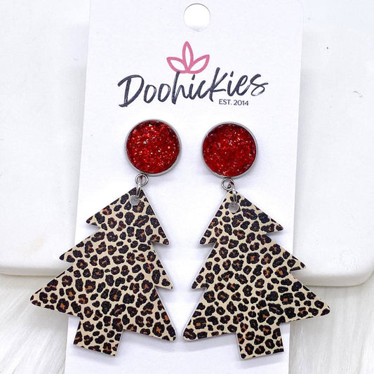 Doohickies - 2" Black & New Leopard Acrylic Tree Dangles -Christmas Earrings