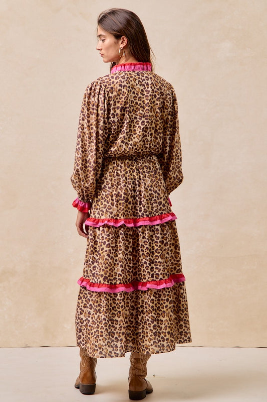 "Tala" Leopard Printed Midi Dress With Stripe Edged