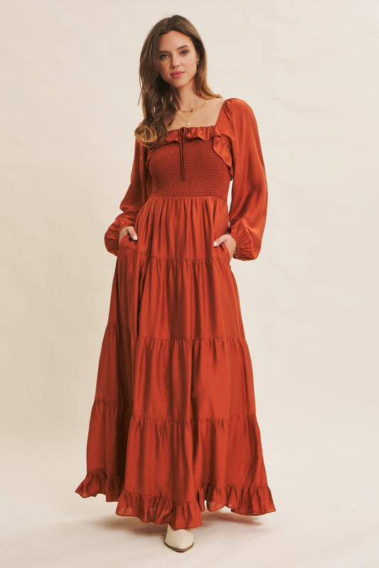 "Isla" Tiered Ruffle Flare Smocked Maxi Dress