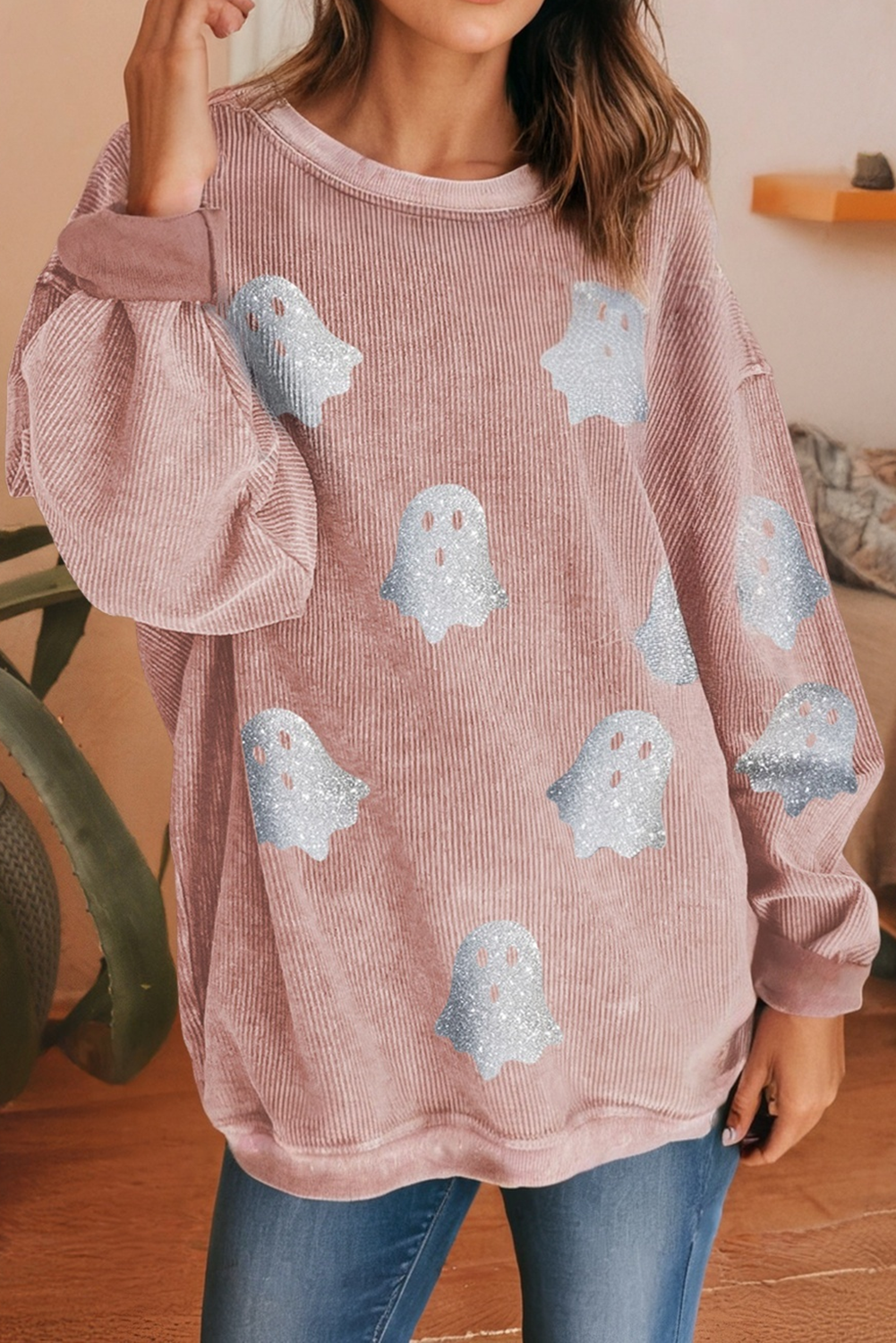 LDC Halloween Ghost Corded Crew Neck Loose Sweatshirt