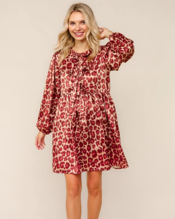 Front Bow Tie Leopard Satin Dress