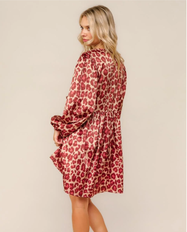 Front Bow Tie Leopard Satin Dress