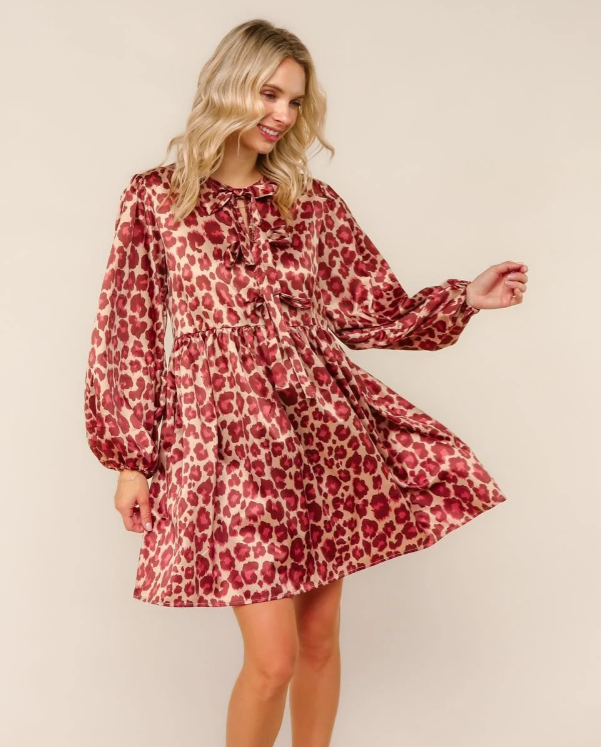 Front Bow Tie Leopard Satin Dress