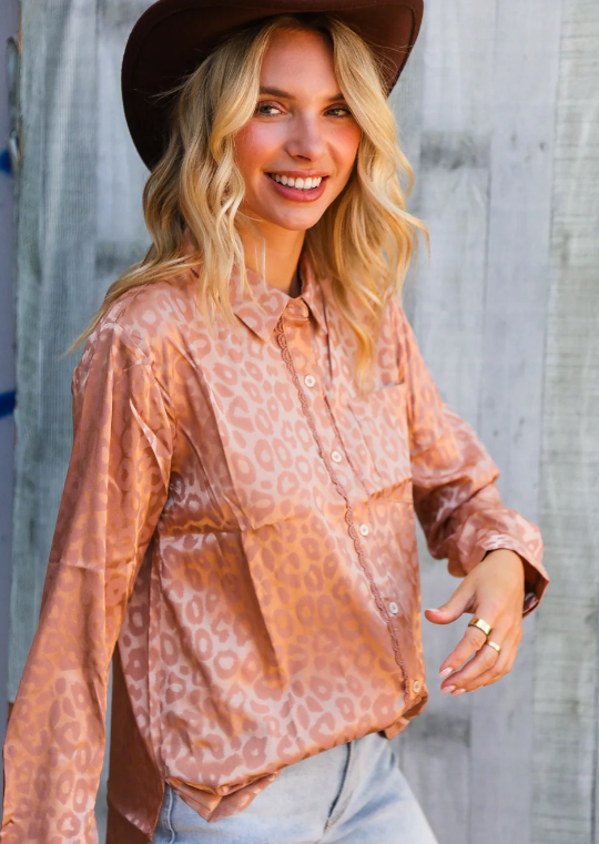 Mauve Silk Leopard Button Blouse