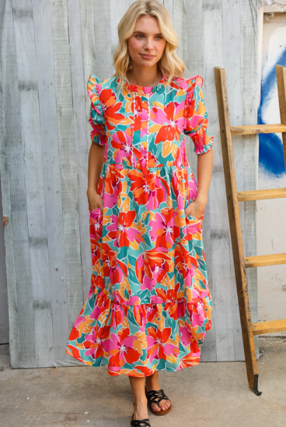 Dazzle In Orange & Aqua Floral Smocked Notched Neck Midi Dress