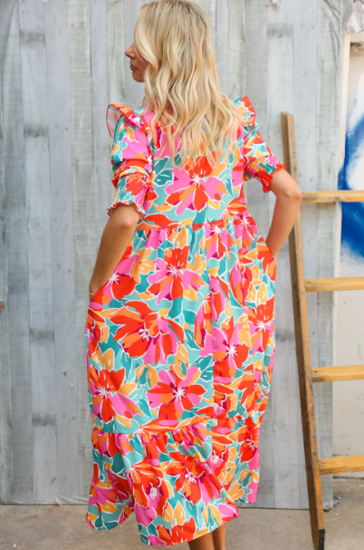 Dazzle In Orange & Aqua Floral Smocked Notched Neck Midi Dress