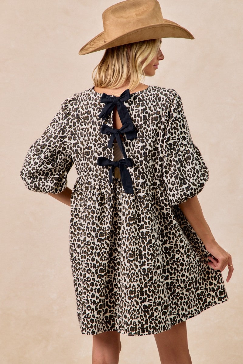 Leopard Denim Dress With Back Contrast Tie Detail
