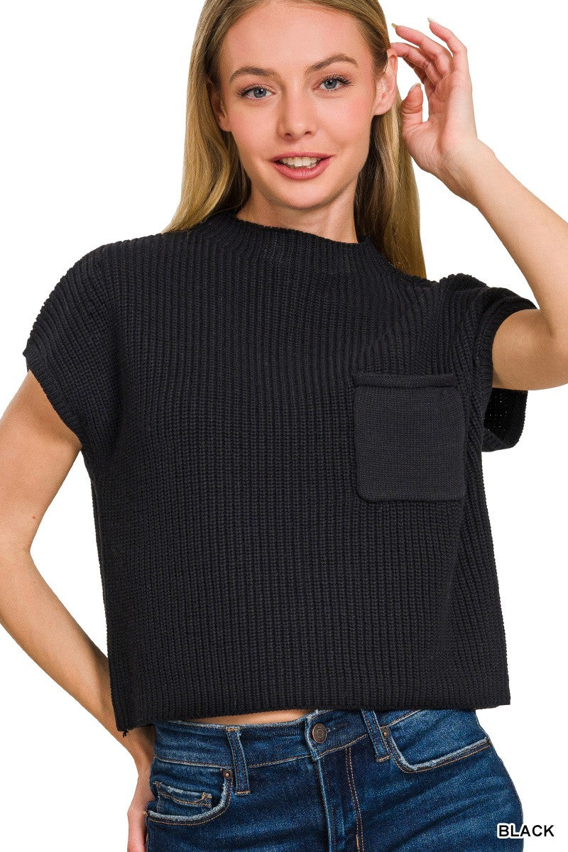 Mock-Neck Short-Sleeve Cropped Sweater