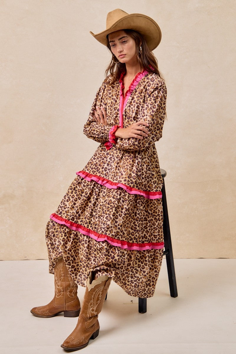 Leopard Printed Midi Dress With Stripe Edged