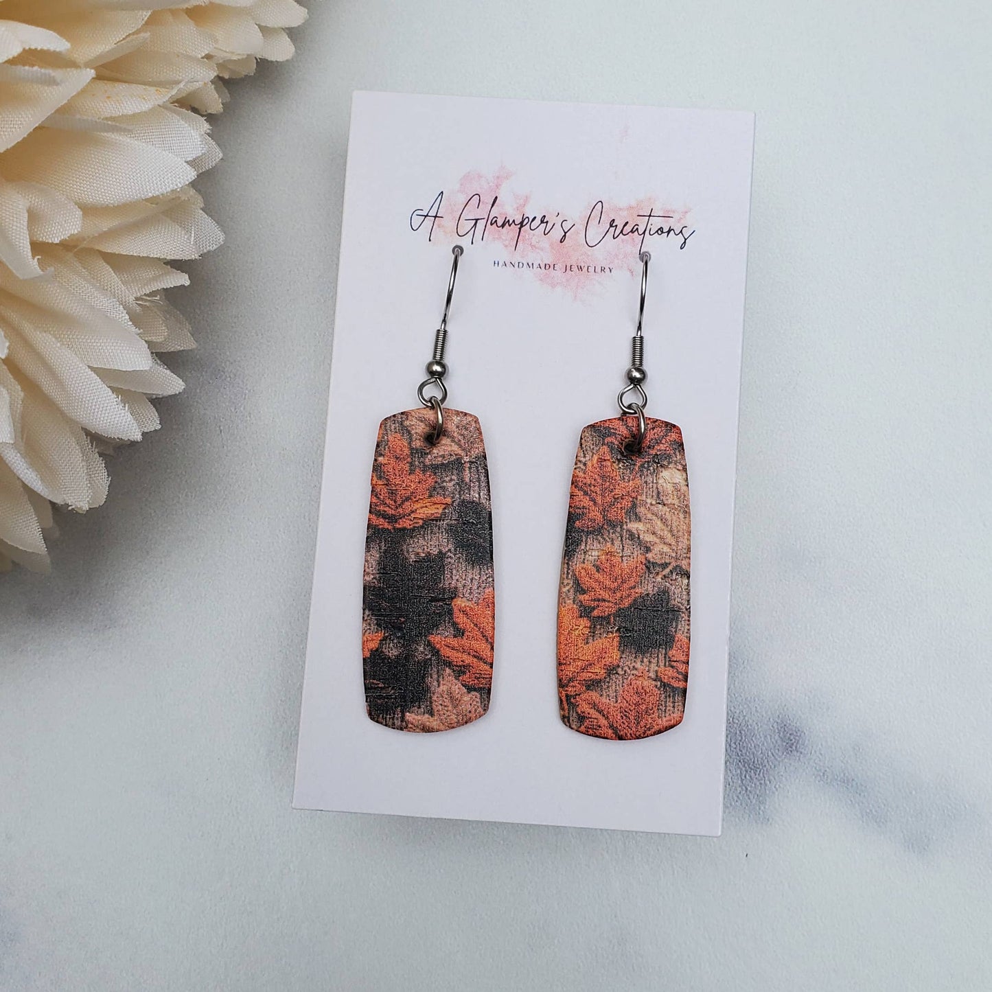 Fall Embroidered Leaves Mini Bar Leather Earrings