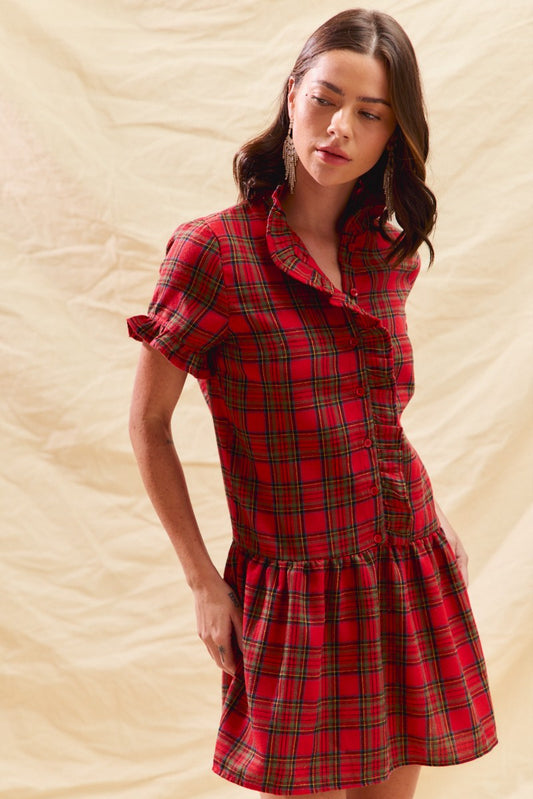 Red Plaid Christmas Holiday Ruffled Mini Dress