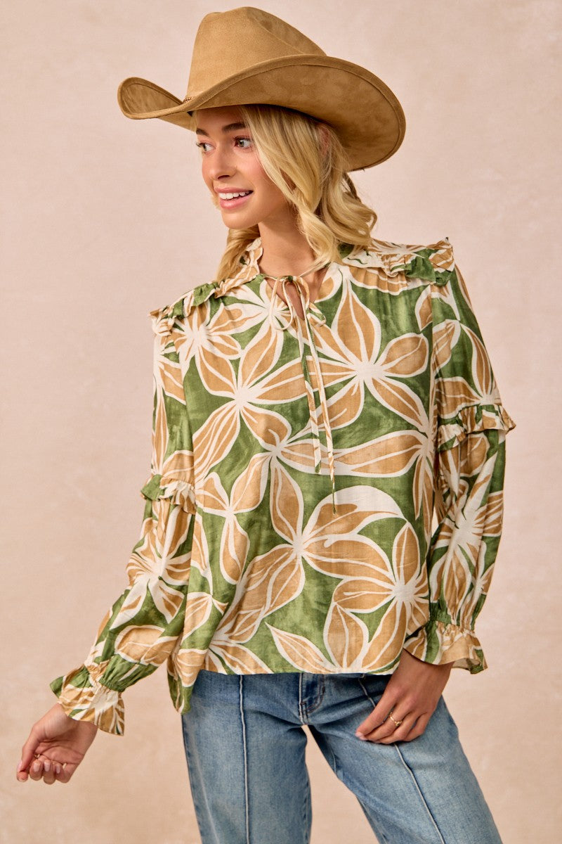 Floral Print Ruffles Detail Top With Front Tie