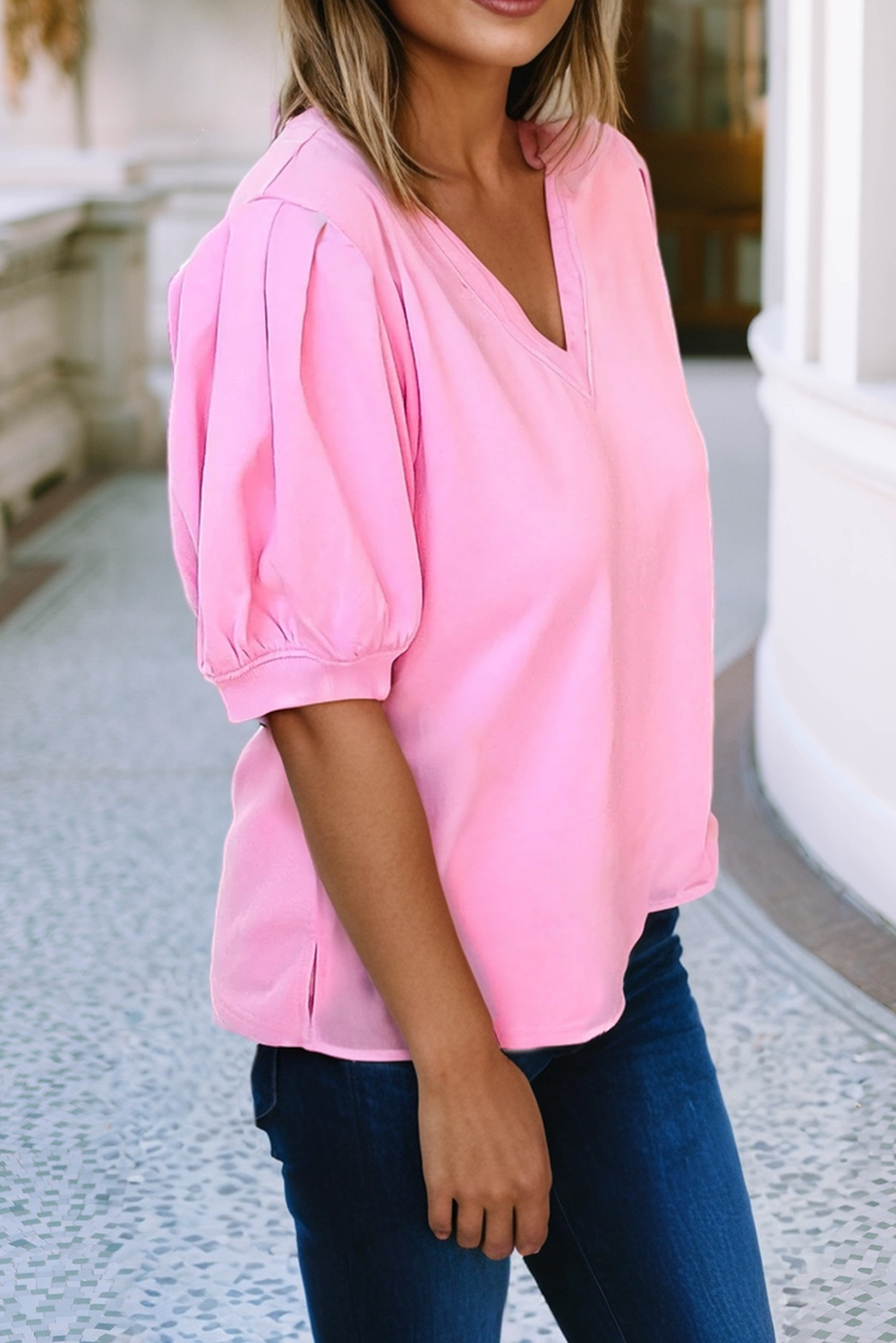 Solid V Neck Puff Sleeve Blouse