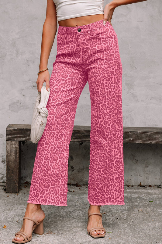 Leopard Frayed Wide Leg High Rise Jeans