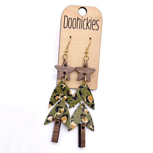 Layered Cork and Wood Leopard Christmas Tree Earrings