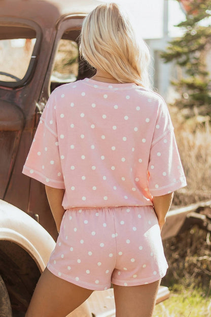 Seam Detail Polka Dot Loose Tee Drawstring Shorts Set