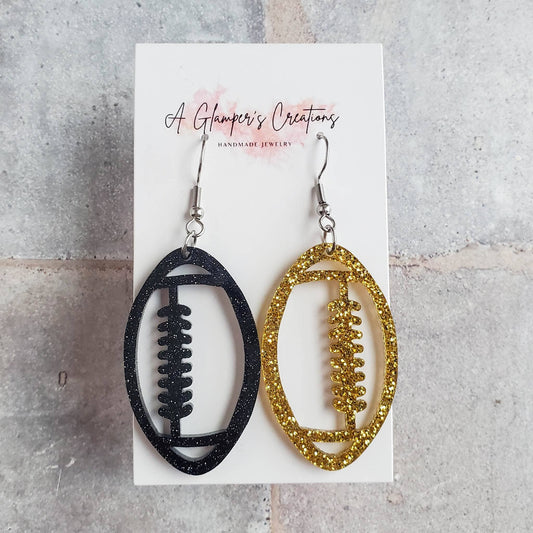 Black & Gold Glitter Acrylic Football Game Day Earrings