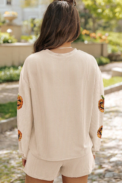 Halloween Sequin Pumpkin Corded Two Piece Shorts Set