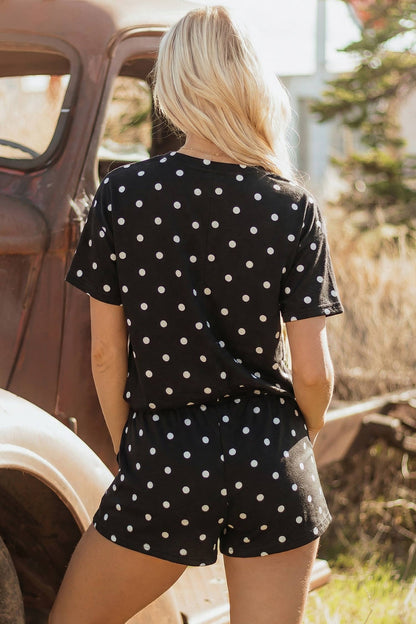 Seam Detail Polka Dot Loose Tee Drawstring Shorts Set