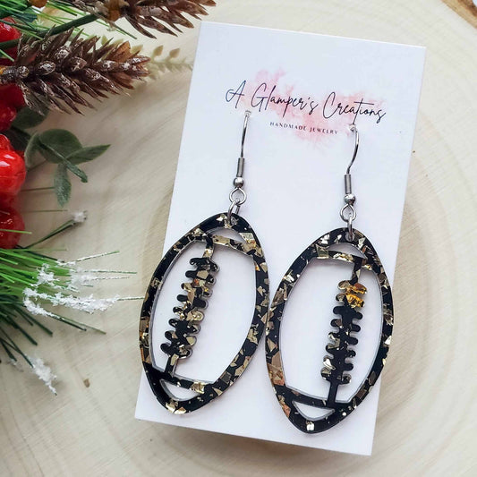 Black & Gold Flake Acrylic Football Game Day Earrings