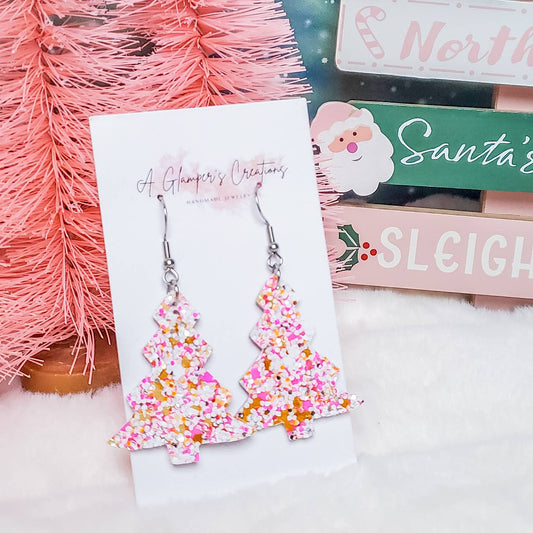 Pink Glitter Mix Christmas 2024 Tree Leather Earrings